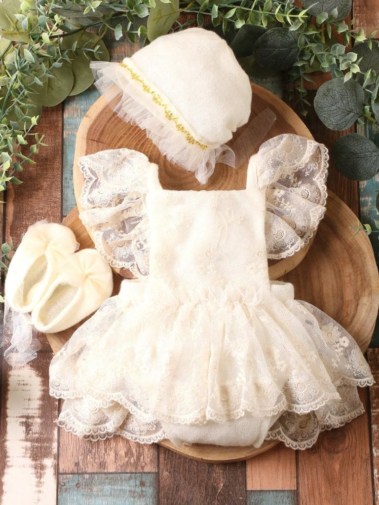 Baby Photography Newborn Ruffle Trim Bodysuit With Hat And Shoes