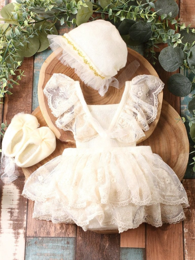Baby Photography Newborn Ruffle Trim Bodysuit With Hat And Shoes