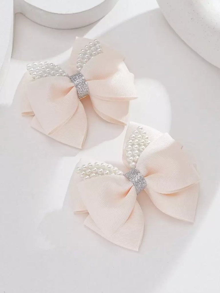 2 Piece Faux Pearl Beige Hair Clips Set