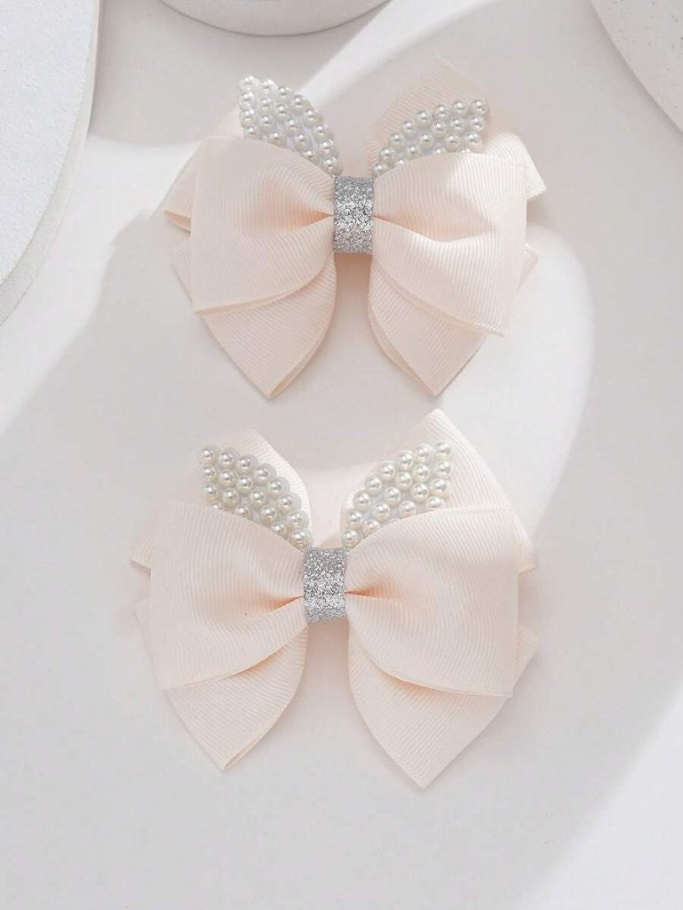 2 Piece Faux Pearl Beige Hair Clips Set