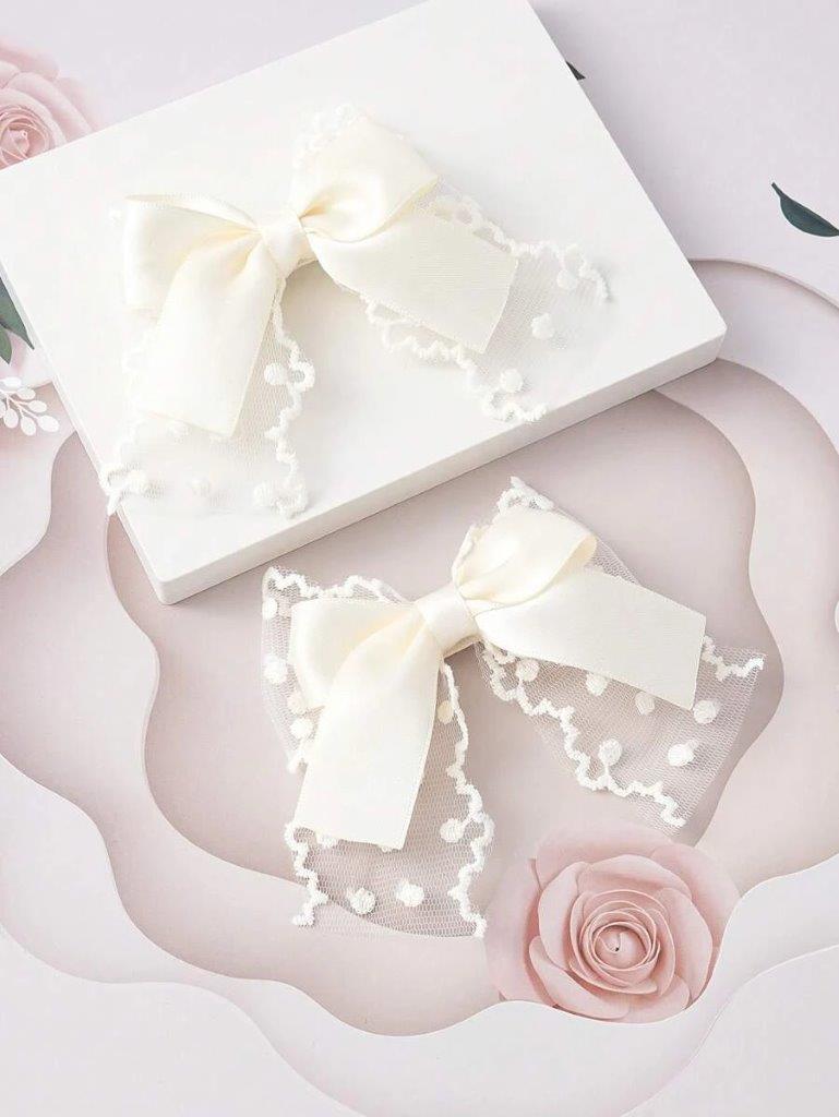 2 Piece Lace Bow Hair Clips Set Beige