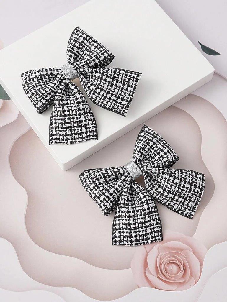 2 Piece Black And White Plaid Pattern Hair Clips Set