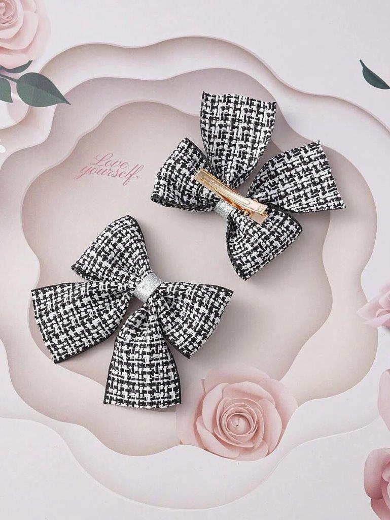 2 Piece Black And White Plaid Pattern Hair Clips Set