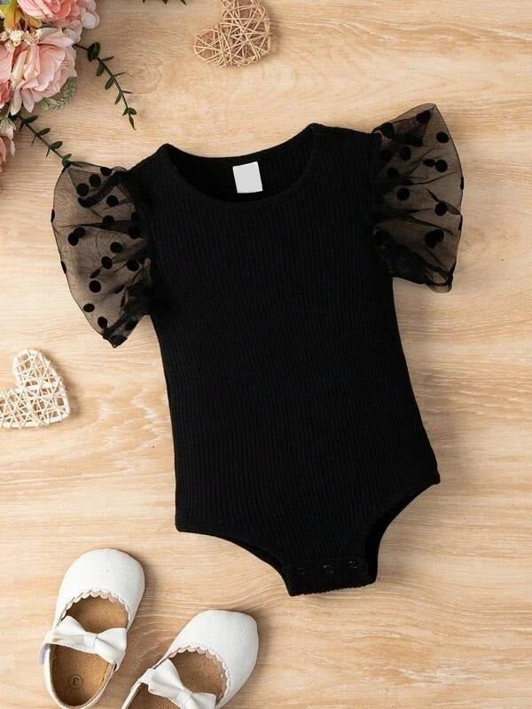 Baby Dotted Sleeve Ribbed Knit Bodysuit