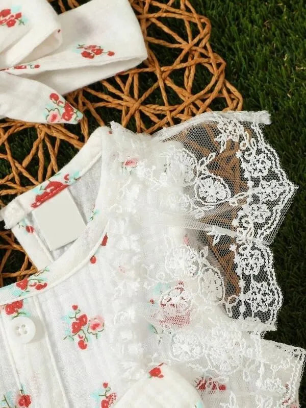 Lace Ruffle Trim Floral Romper