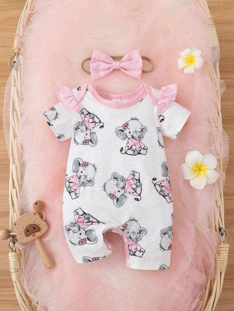 Baby Ruffle Trim Elephant Print Romper Set