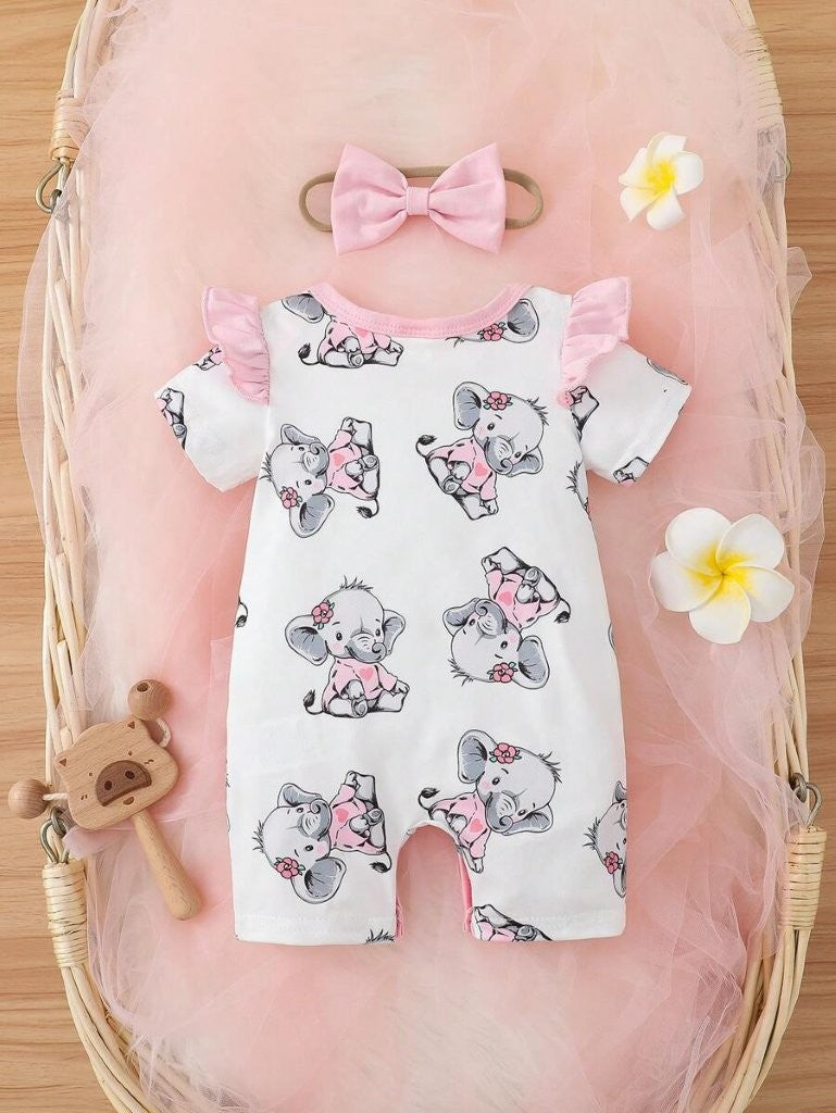 Baby Ruffle Trim Elephant Print Romper Set