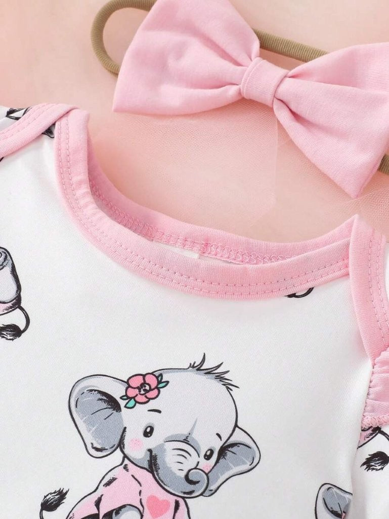 Baby Ruffle Trim Elephant Print Romper Set