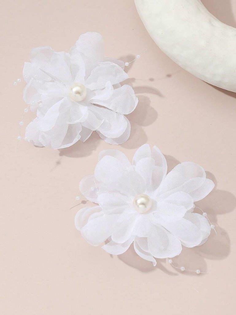 2 Piece White Faux Pearl Flower Hair Clips
