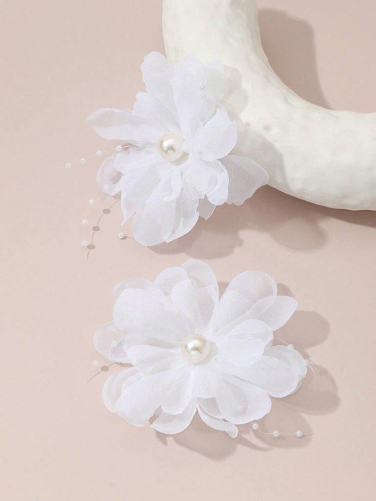 2 Piece White Faux Pearl Flower Hair Clips