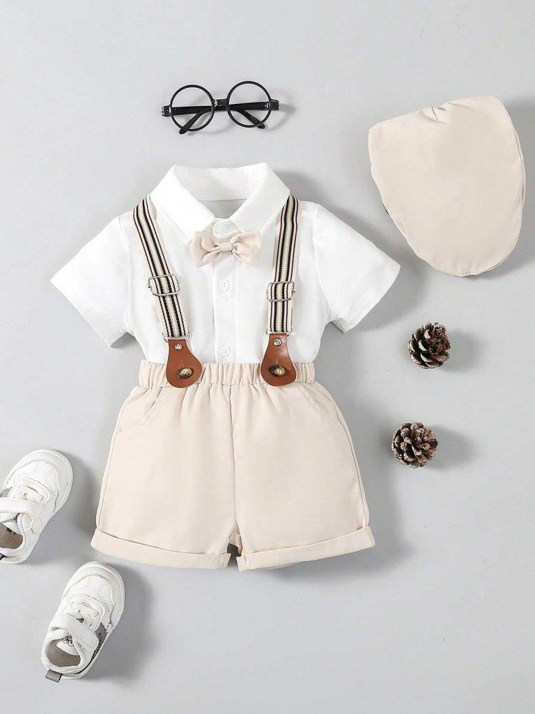 Baby 3 Piece Short Sleeve Suspender Set Beige
