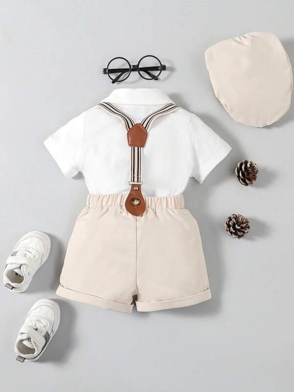 Baby 3 Piece Short Sleeve Suspender Set Beige