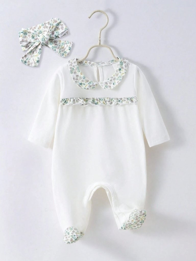 Baby Floral Trim Collar Jumpsuit With Headband Set