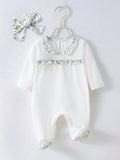 Baby Floral Trim Collar Jumpsuit With Headband Set
