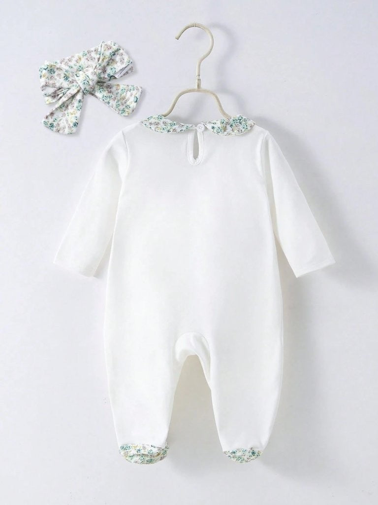 Baby Floral Trim Collar Jumpsuit With Headband Set