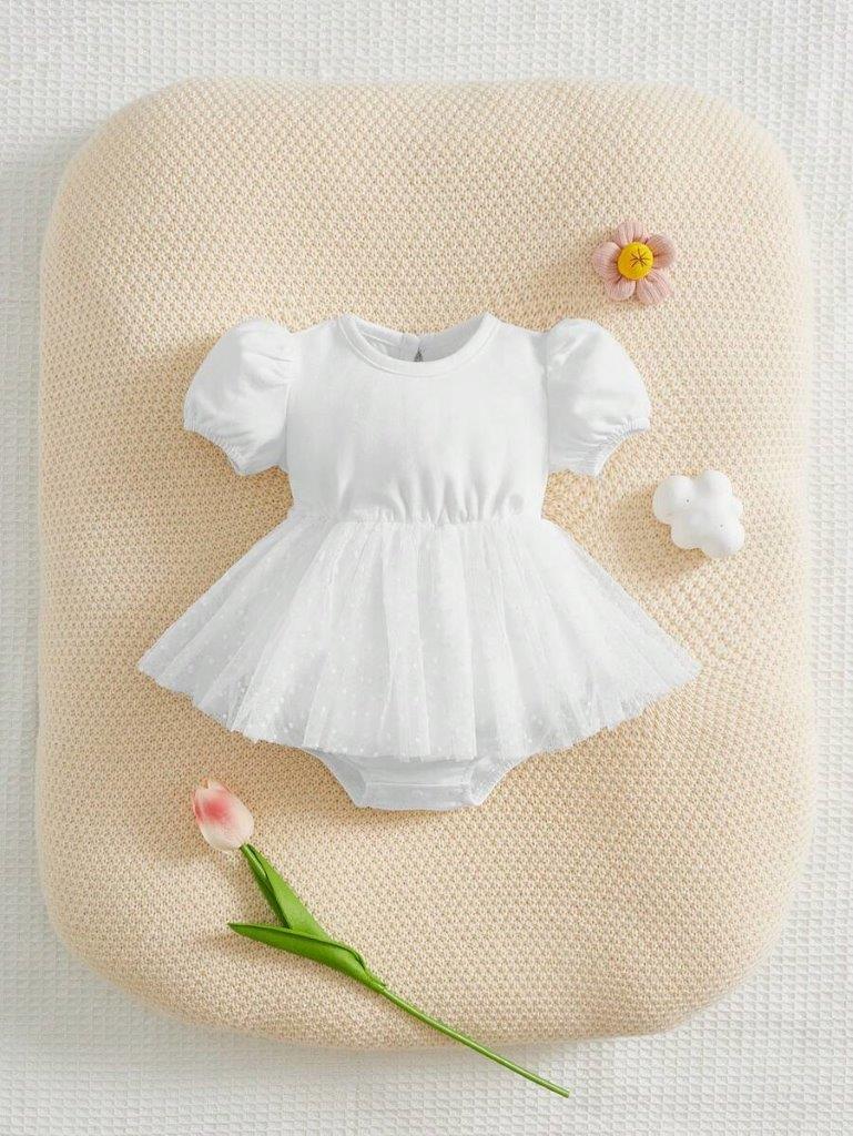 Baby White Dotted Mesh Bodysuit Dress