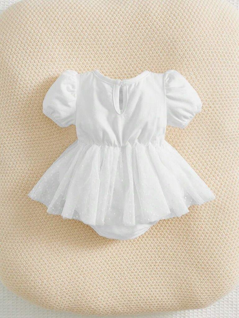 Baby White Dotted Mesh Bodysuit Dress