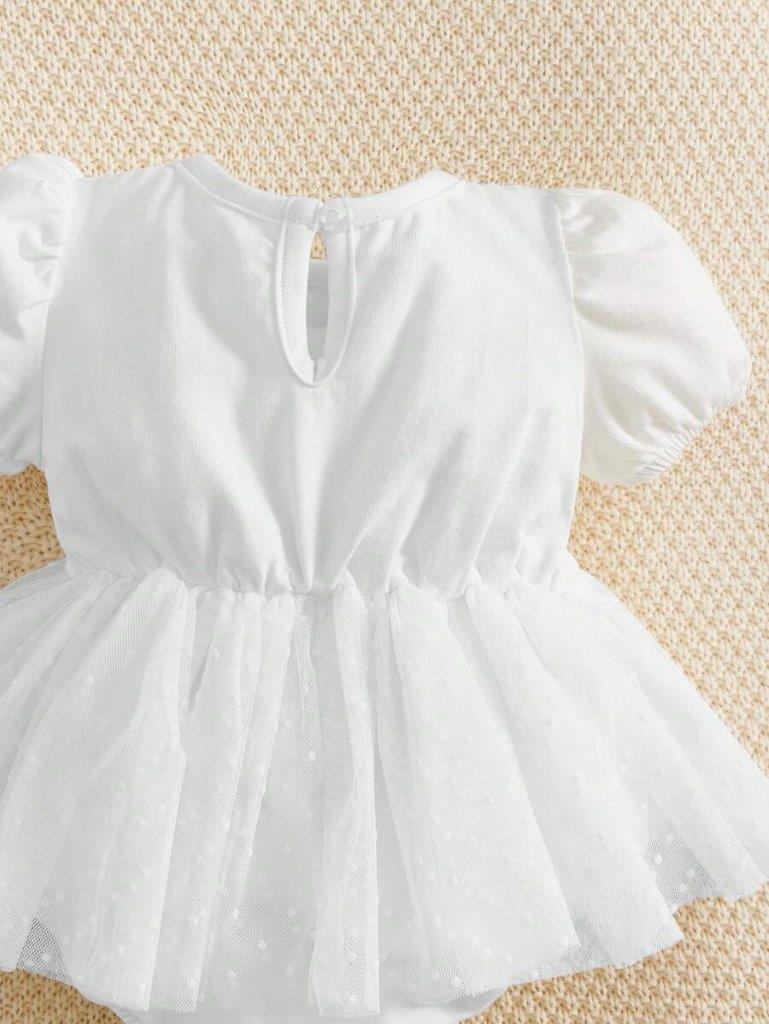 Baby White Dotted Mesh Bodysuit Dress