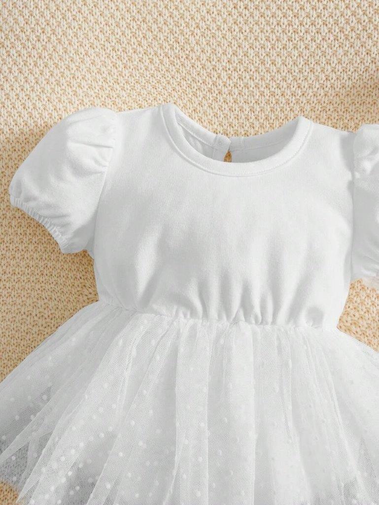 Baby White Dotted Mesh Bodysuit Dress