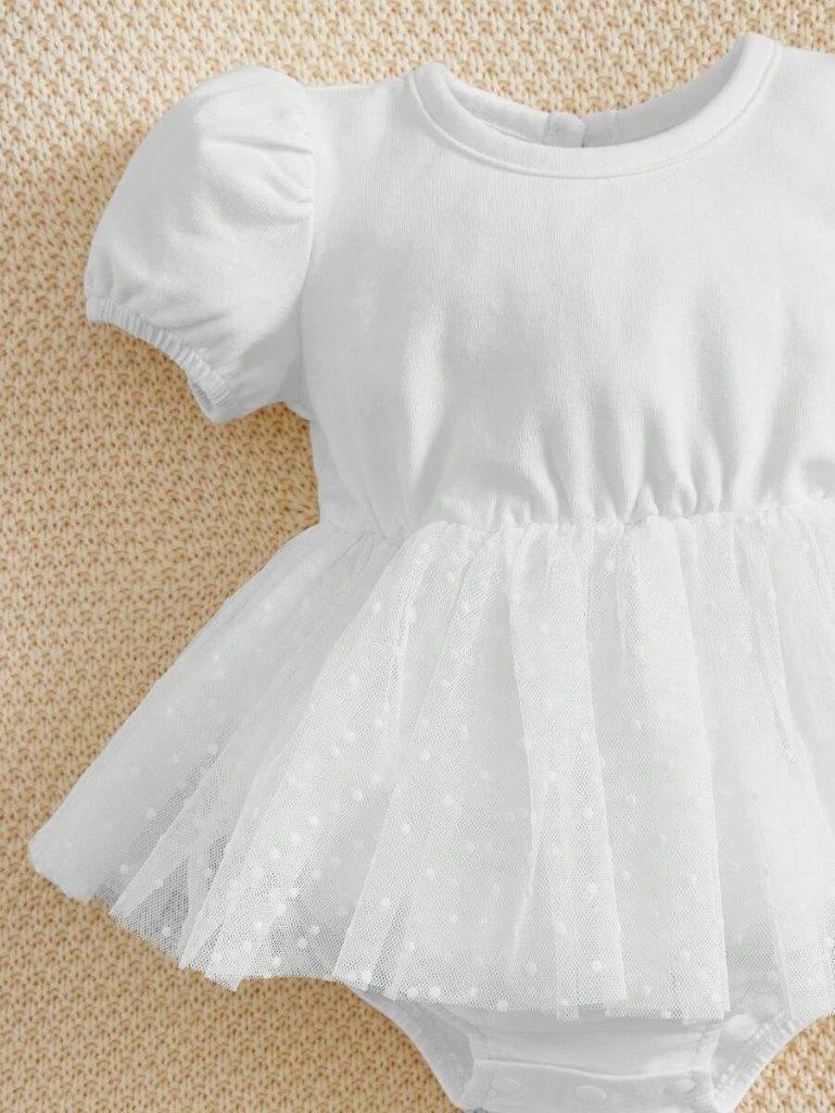 Baby White Dotted Mesh Bodysuit Dress