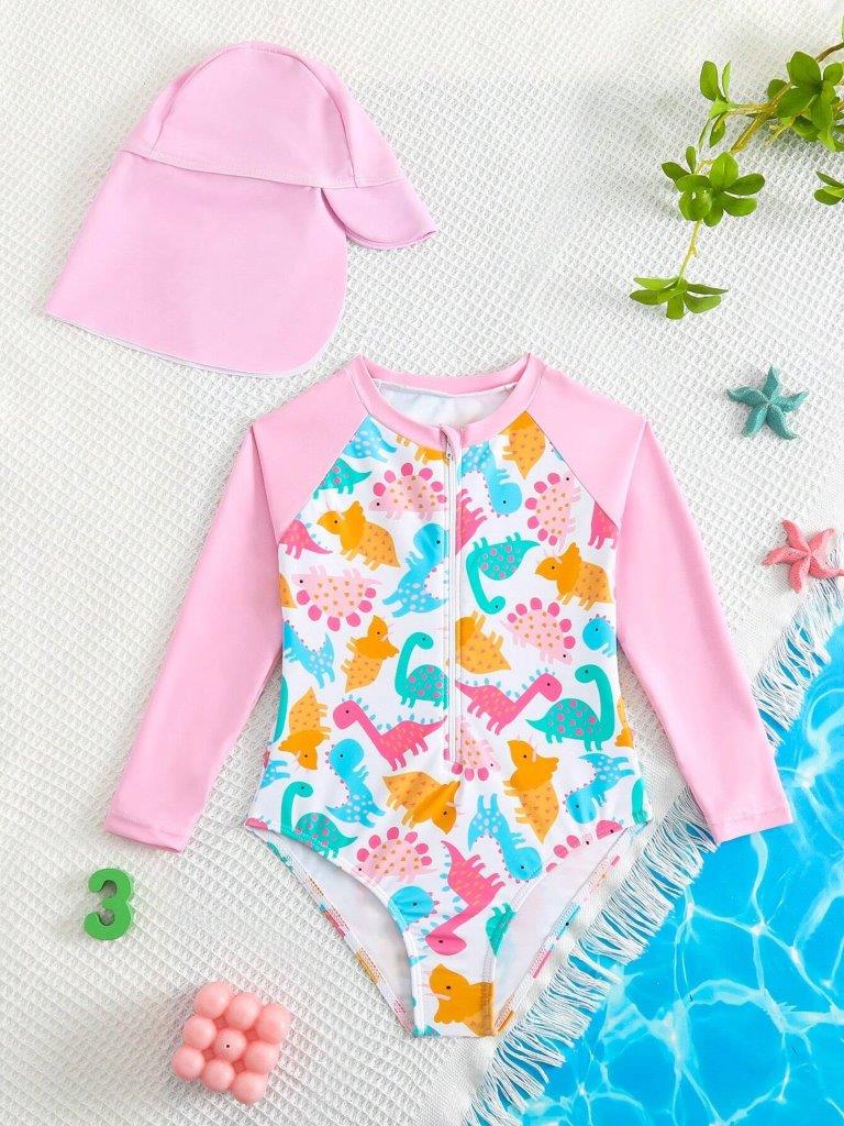 Baby Dino Girl Swimming Costume With Sun Hat