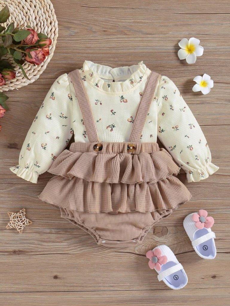 Baby Floral Ribbed Top With Ruffle Bodysuit Dress