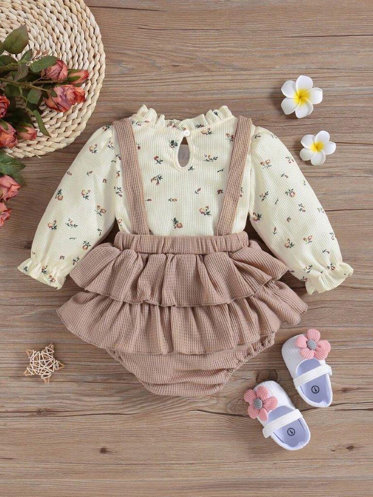 Baby Floral Ribbed Top With Ruffle Bodysuit Dress