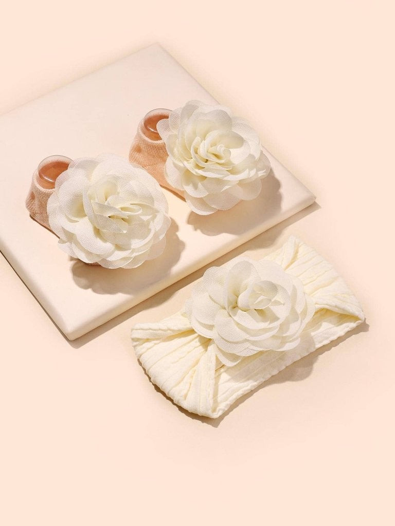 Baby Rose Ankle Bow Socks With Rose Headband Various Colours
