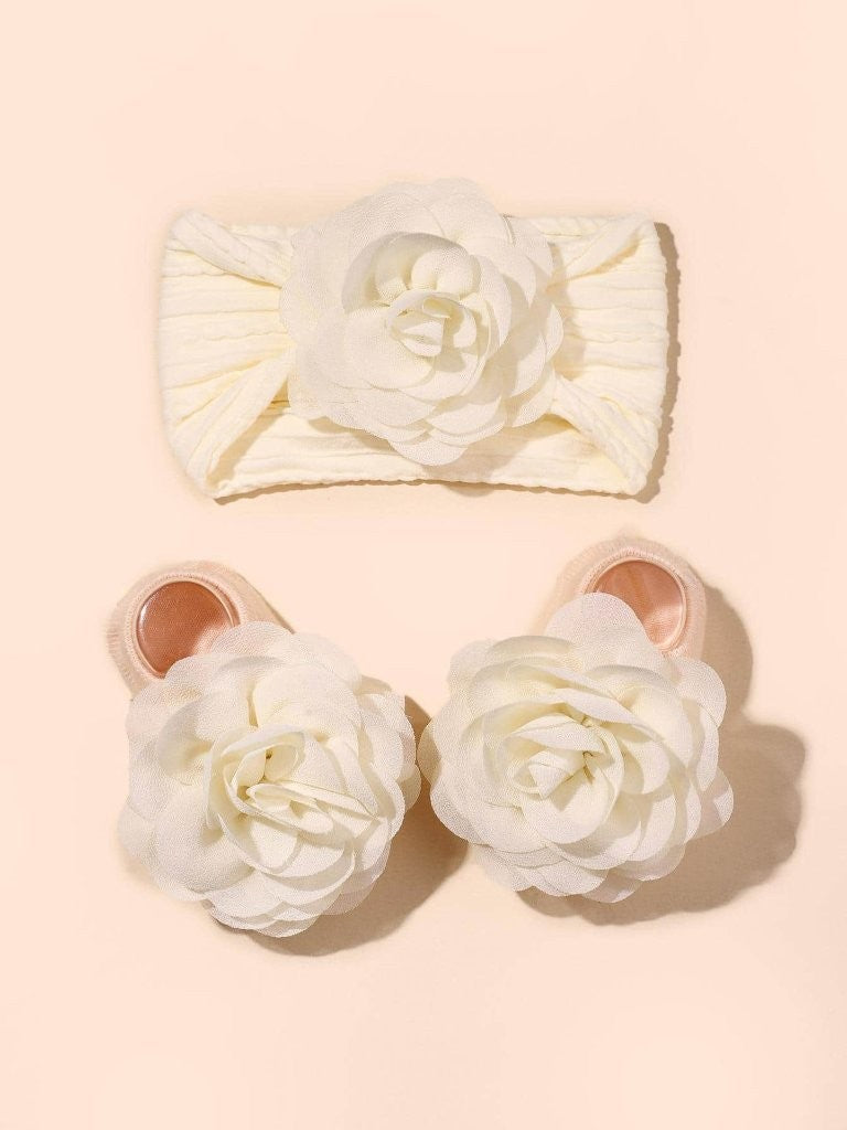 Baby Rose Ankle Bow Socks With Rose Headband Various Colours