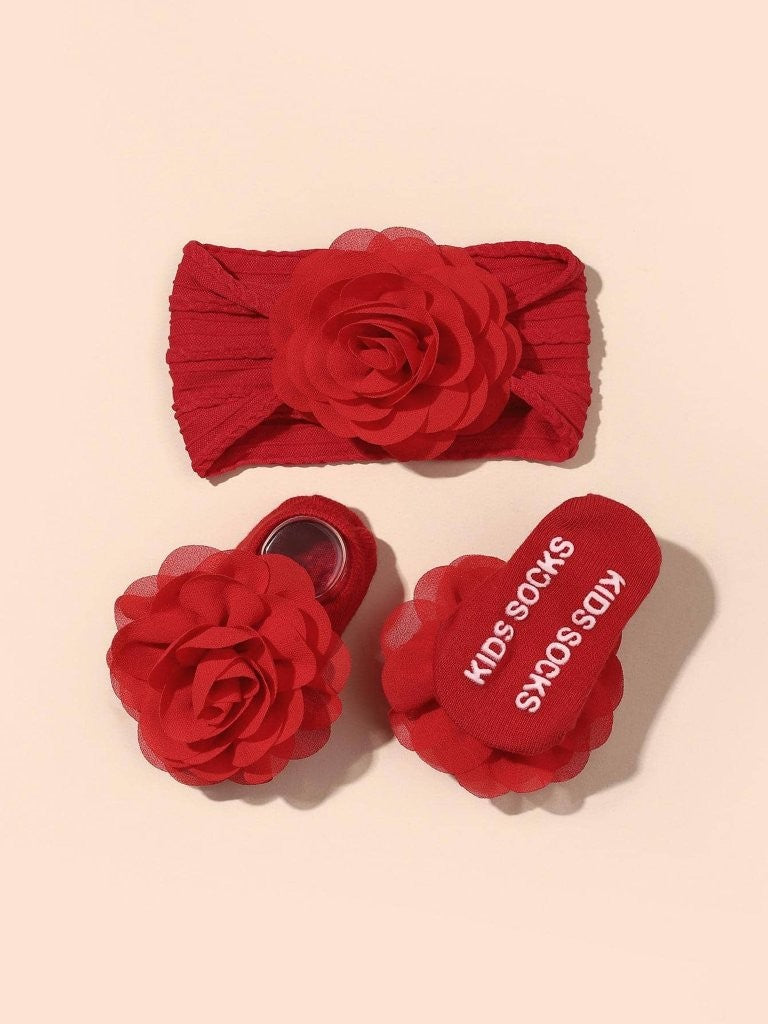Baby Rose Ankle Bow Socks With Rose Headband Various Colours