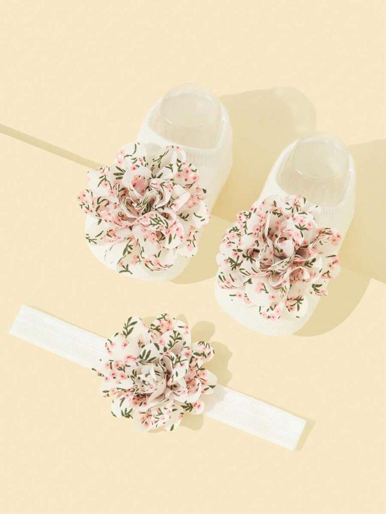 Baby White Floral Flower Socks With Headband