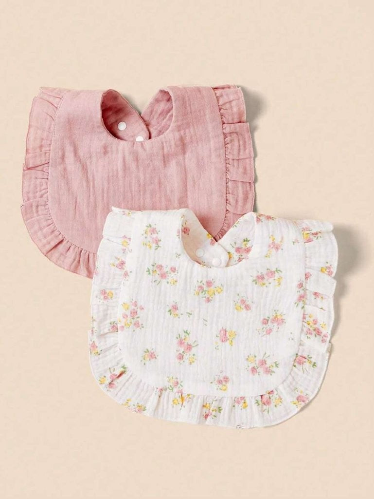 100% Cotton Stylish Ruffle Trim Bibs 2 Piece floral Pink