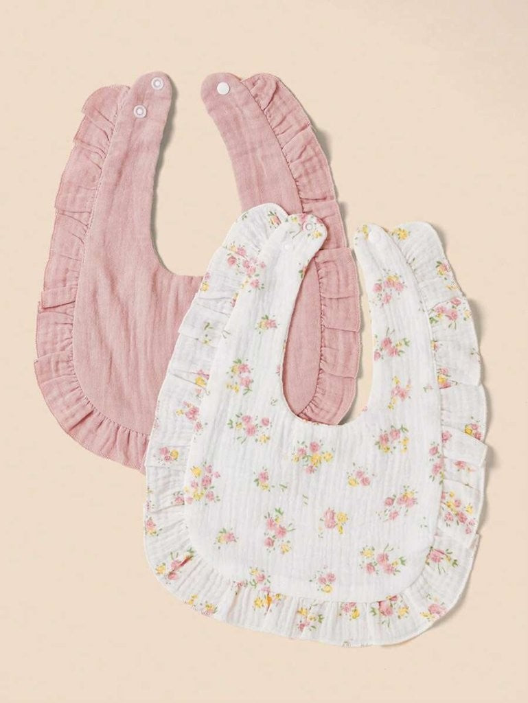 100% Cotton Stylish Ruffle Trim Bibs 2 Piece floral Pink
