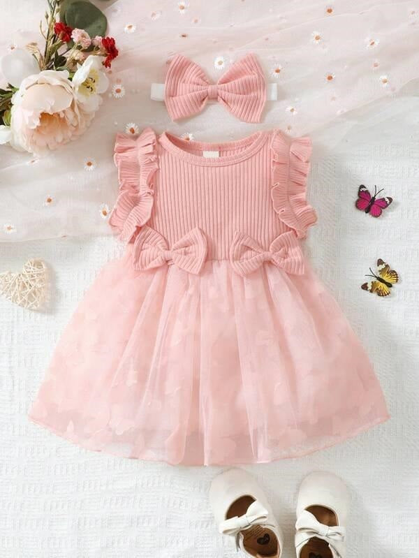 Baby Ribbed Double Bow Front Dress Set