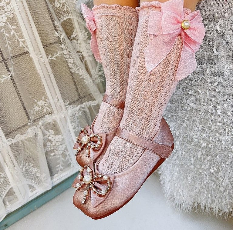 Baby Pearl Decor Bow Net Socks Pink