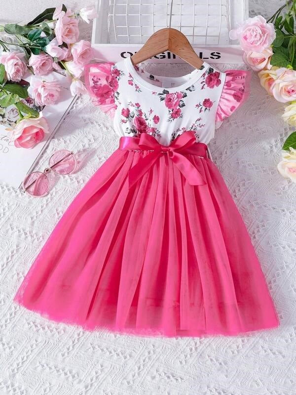 Toddler Girls Pink Floral Belted Dress