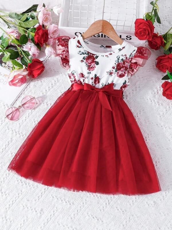 Toddler Girls Red Floral Belted Dress