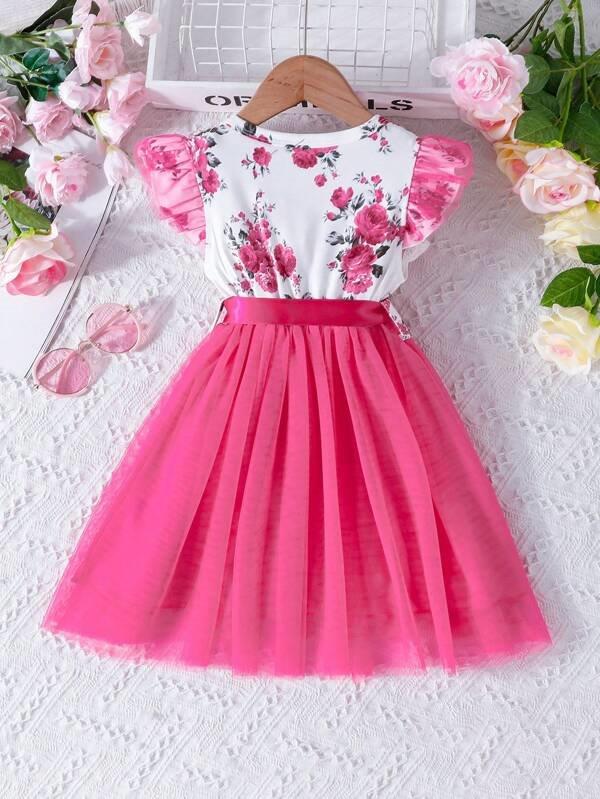 Toddler Girls Pink Floral Belted Dress