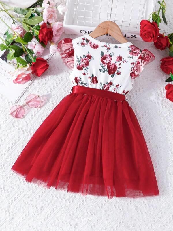 Toddler Girls Red Floral Belted Dress