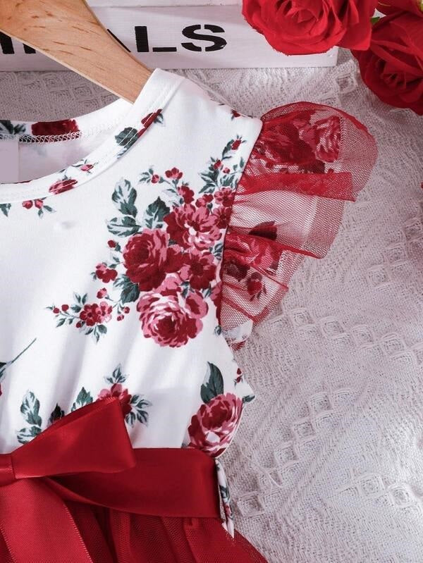 Toddler Girls Red Floral Belted Dress