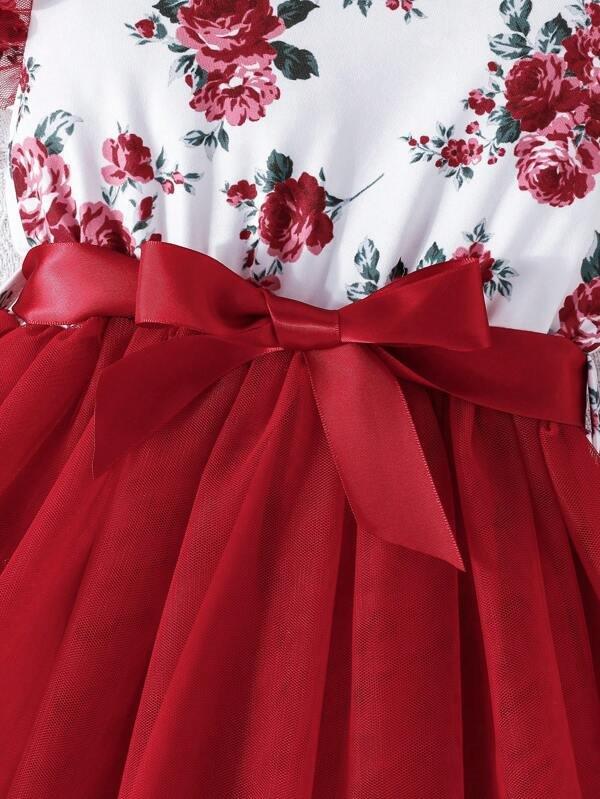 Toddler Girls Red Floral Belted Dress