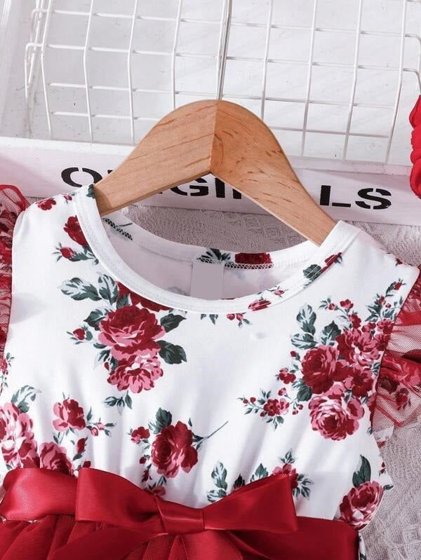 Toddler Girls Red Floral Belted Dress