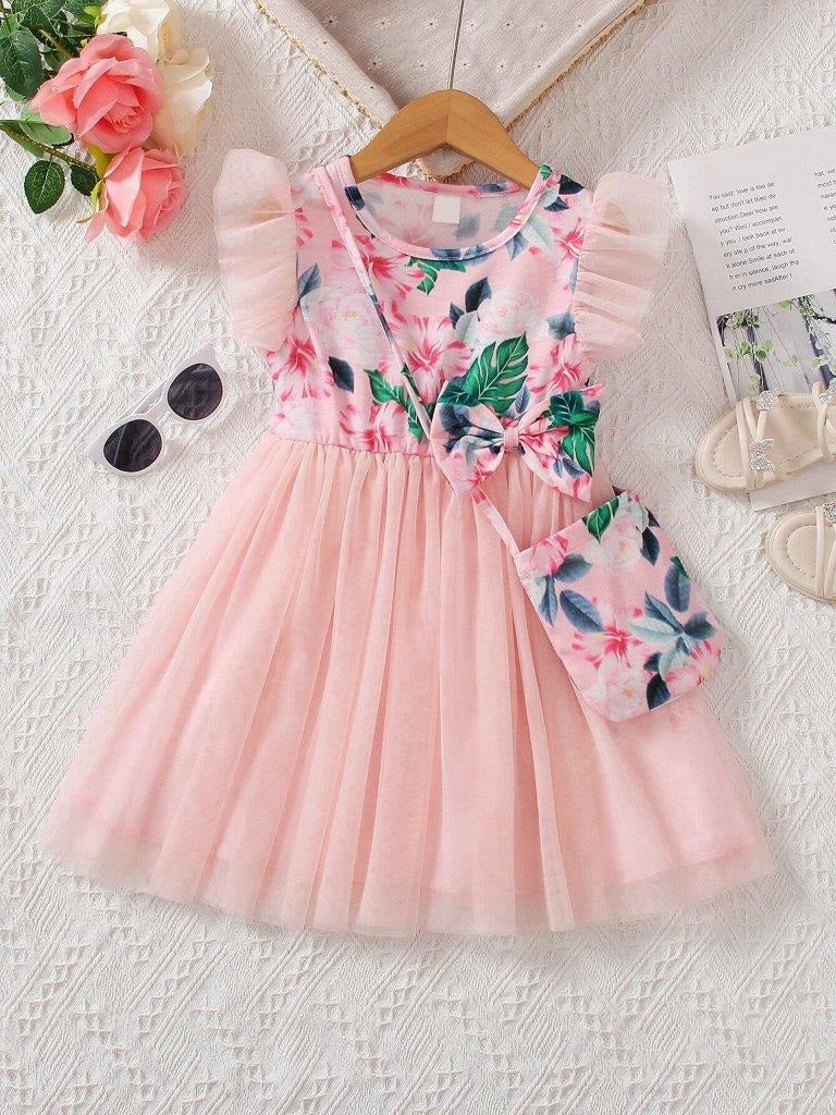Toddler Girls Floral Print Dress With Bag
