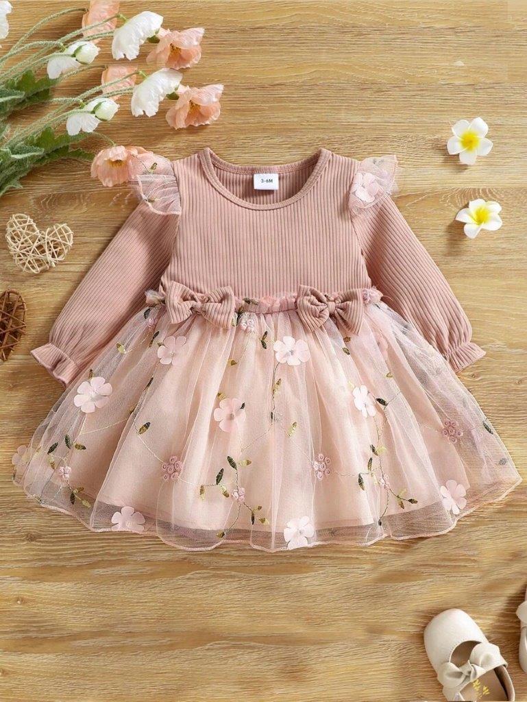 Baby Dusty Pink Embroidery Double Bow Dress