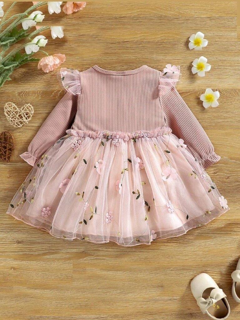 Baby Dusty Pink Embroidery Double Bow Dress