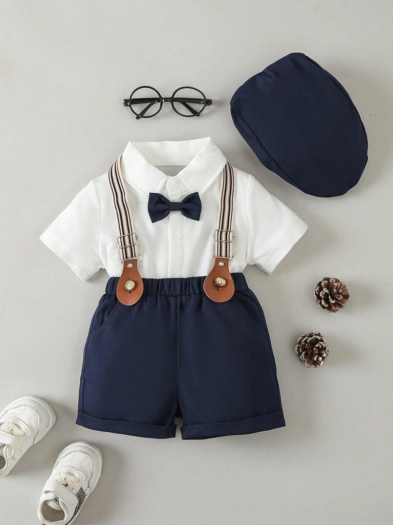 Baby 3 Piece Short Sleeve Suspender Set Blue