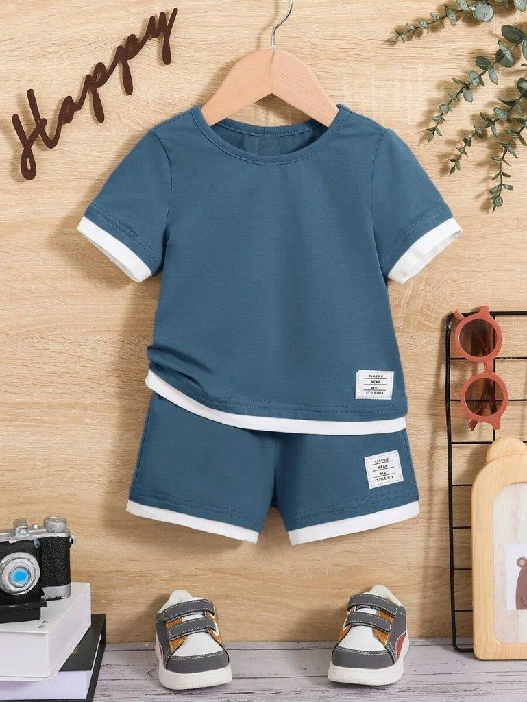 Baby Trimmed Dusty Blue Tee And Shorts Set