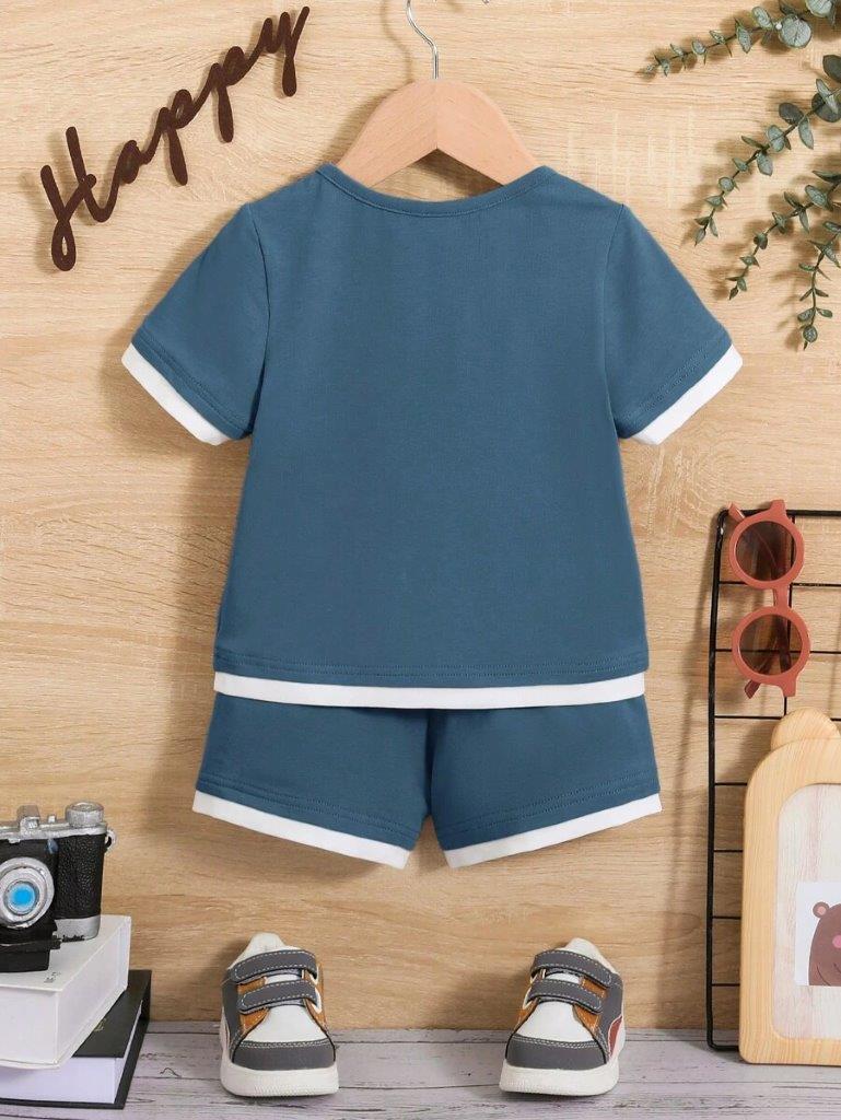 Baby Trimmed Dusty Blue Tee And Shorts Set