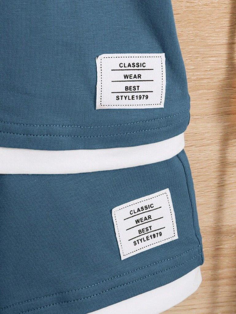 Baby Trimmed Dusty Blue Tee And Shorts Set