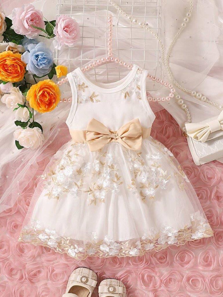 Baby White Floral Embroidery Bow Dress